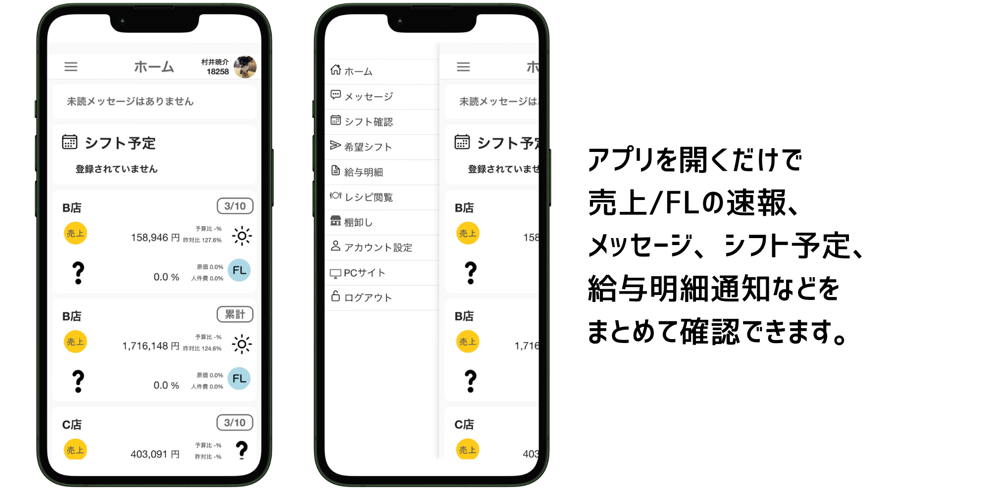 売上とFL速報のホーム画面